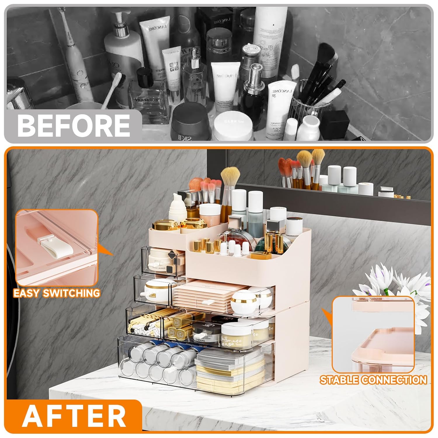 Pink Makeup Countertop Organizer,Large Capacity Make up Organizers for Vanity with 6 Drawer,Plastic Bathroom Skincare Organizers for Eyeshadow,Brush,Palettes,Perfume,Beauty Products,Skin Care Storage