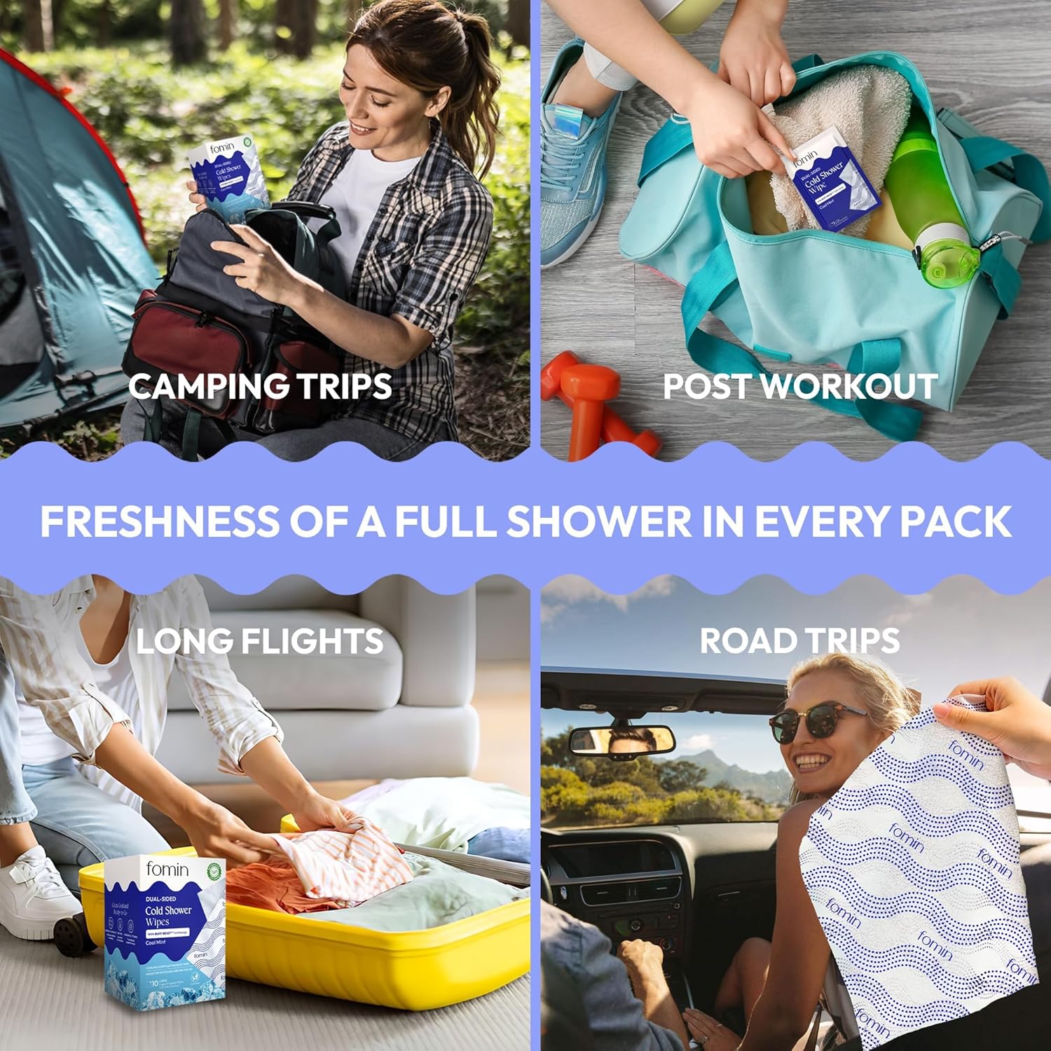 FOMIN Travel Cold Shower Wipes - 20 Pack - No Rinse XL Bathing Wipes with Vitamin E - Fragrance-Free Full Body Wipe for Adults - Individually Wrapped Waterless Bath Wipe for Hygiene, Camping, & Gym