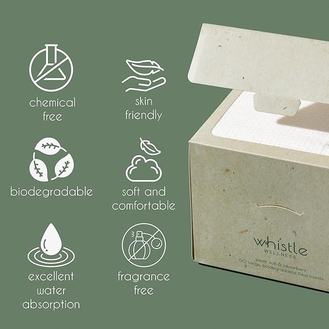 Whistle Wellness® Disposable Face Towel 10"×12", Resealable Box, Biobased Plant Based Ultra Soft, Thickness Face Towelettes XL, Makeup Remover Dry Wipes for Sensitive Skin, 50 Count (1 Pack)