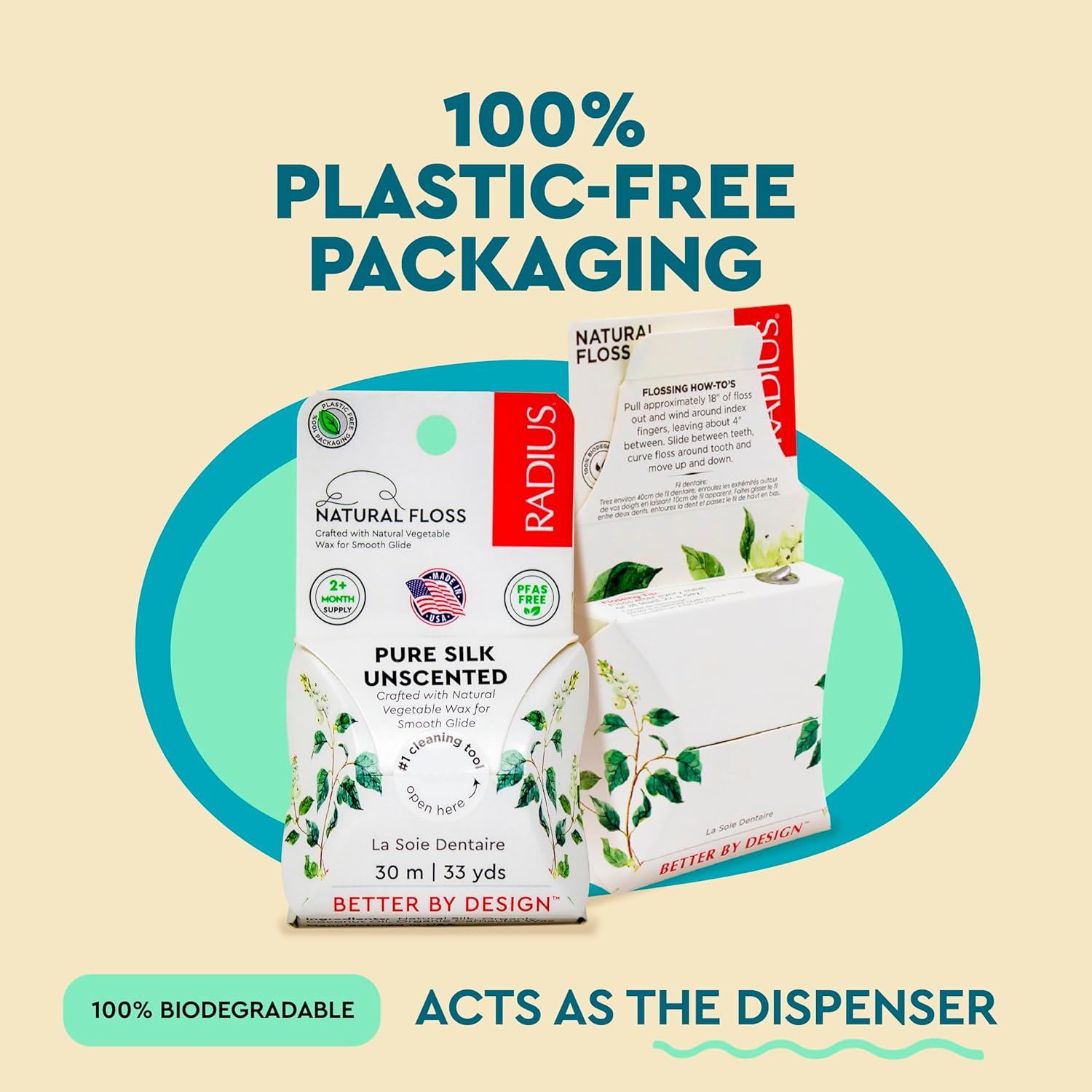 RADIUS Dental Floss, Natural Floss, Unscented Silk, 33 Yards, Compostable & Non-Toxic Oral Care Designed to Help Fight Plaque, Pack of 3