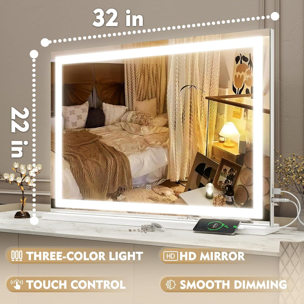 Vanity Mirror with Lights, 32" x 22" Large Lighted Vanity Mirror with Dimmable 3 Modes, LED Makeup Mirror, USB Charging Port, Tabletop or Wall-Mounted Square White