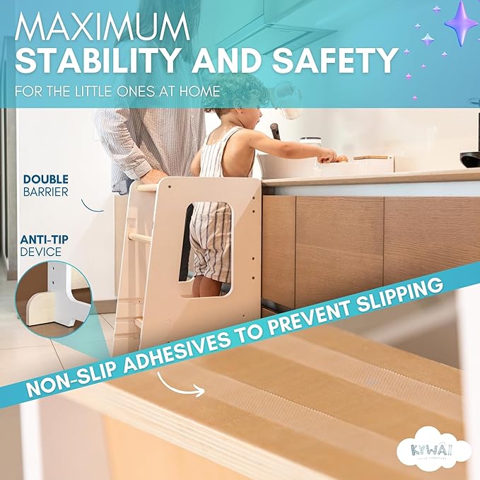 KYWAI® Toddler Kitchen Stool Helper, Adjustable Standing Tower with Safety Rails, Anti-Tip Design & Non-Slip Stickers, Sustainable Product with Extra Memory Game Made from Leftover Wood (White)