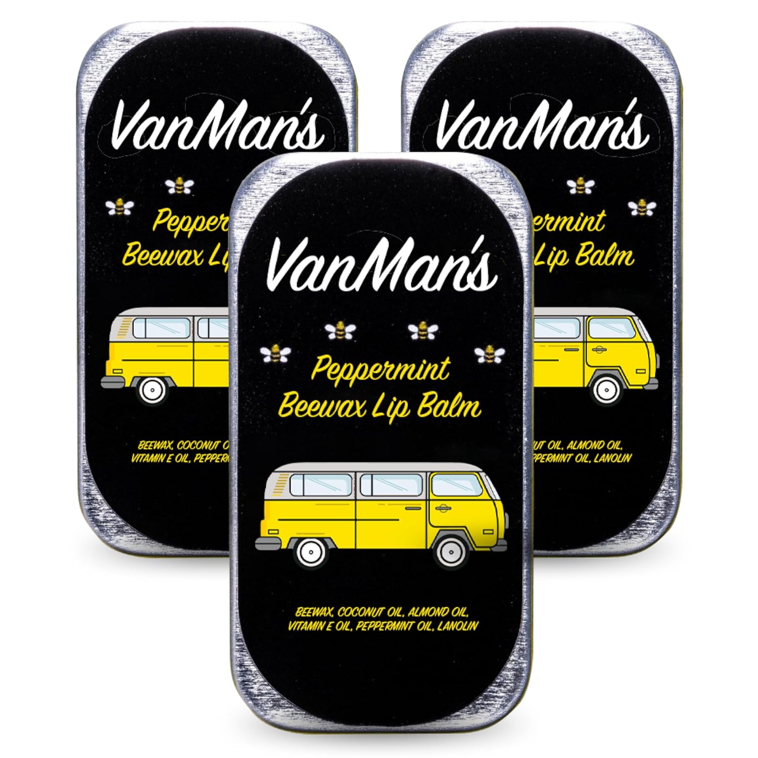 Vanman’s - Handmade Peppermint Beeswax Lip Balm (3 Pack) - Peppermint Lip Balm with Rosemary, Almond and Coconut Oil - Bee Balm with Vitamin E - Ideal for Dry Lips - 2 oz