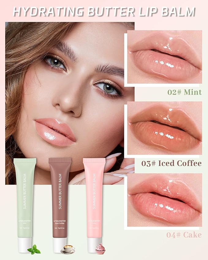 Hydrating Tint Lip Balm Summer Butter Kit, Mint Clear Sheer Beige Brown Pink Sugar Glossy Lip Gloss,Moisturizing Non-Sticky Jelly Lip Moisturizer,Glow Reviver Lip Care Oil,Gift for Women Girl-Set E
