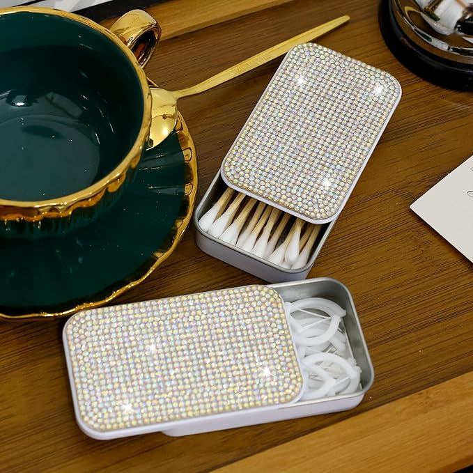 2Pcs Bling Dental Floss Holder,Portable & Refillable Floss Pick Holders, Metal Tin Box Case for Q-tip,Cotton Swab(White)