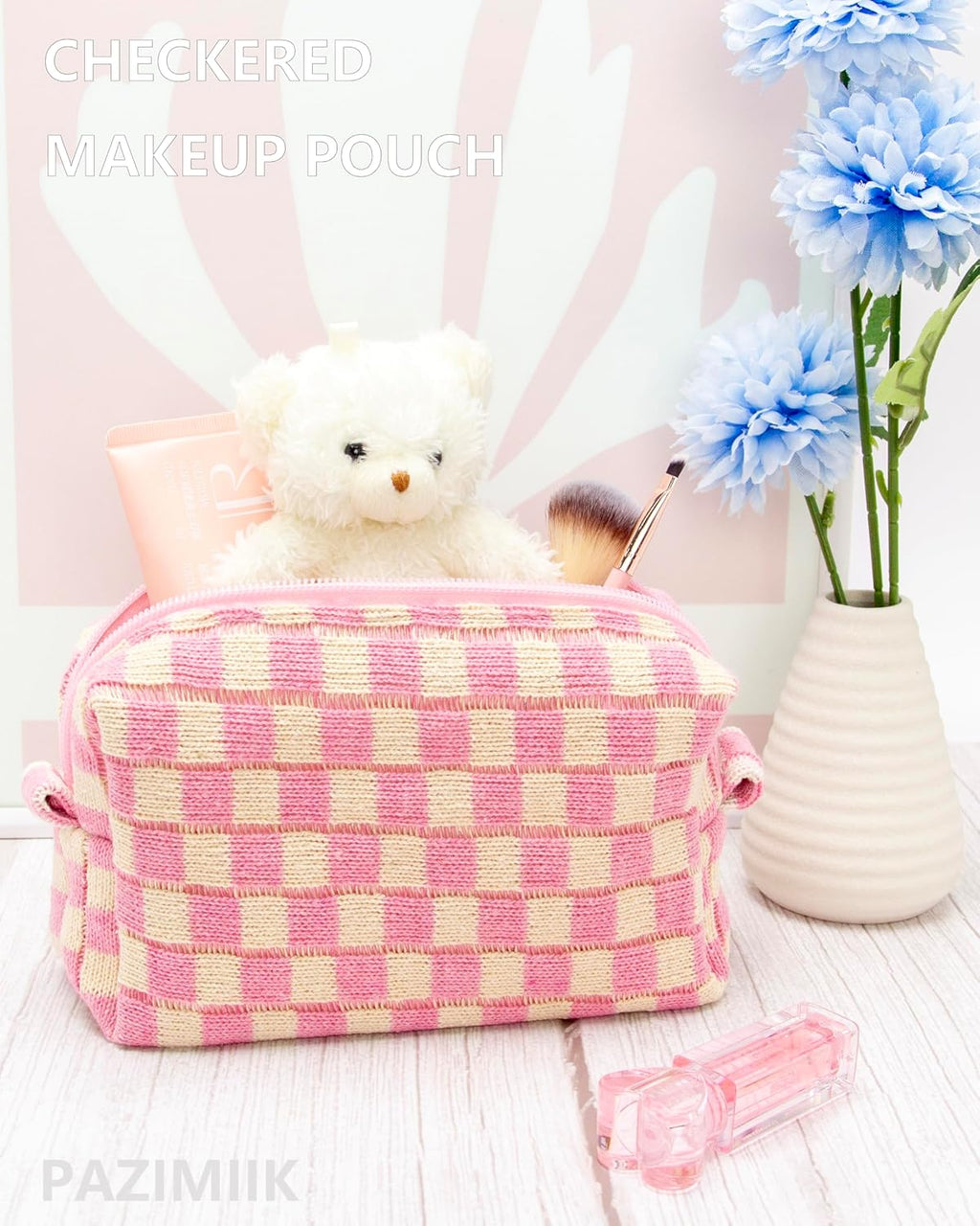 PAZIMIIK Checkered Makeup Bag for Purse Portable Zipper Make Up Pouch Small Cosmetic Case for Travel Accessories Pink Beige
