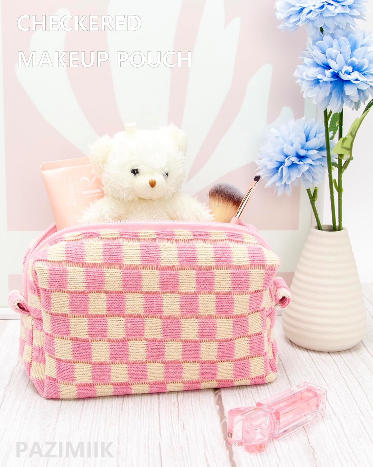 PAZIMIIK 6PCS Checkered Makeup Bag for Purse Portable Zipper Make Up Pouch Small Cosmetic Case for Travel Accessories Pink Beige