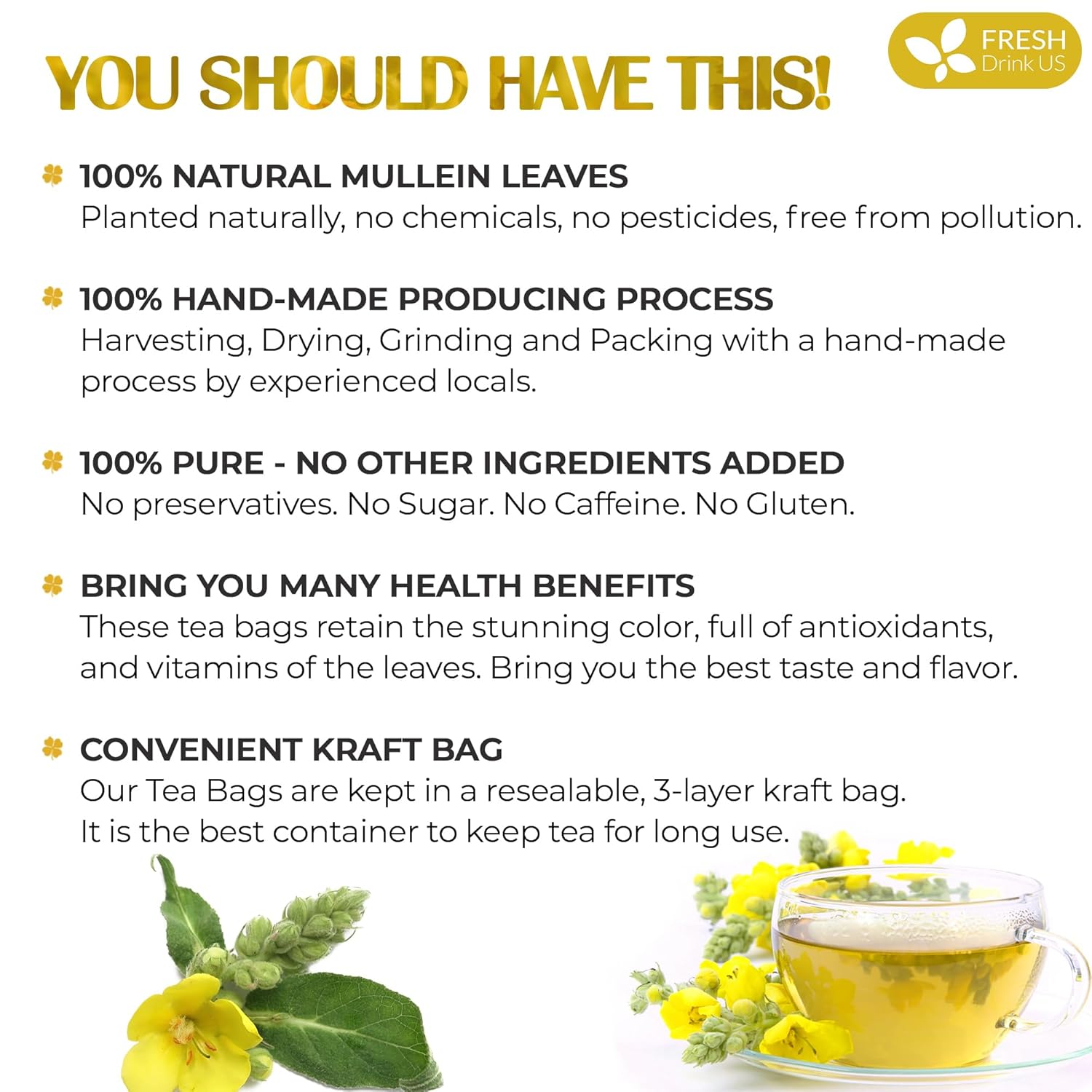 FreshDrinkUS, Premium 25 Mullein Leaf Tea For Lungs, Lung Detox For Smokers, Handmade, 100% Natural & Pure, Mullein Tea, No Sugar, No Caffeine, No Gluten, Vegan