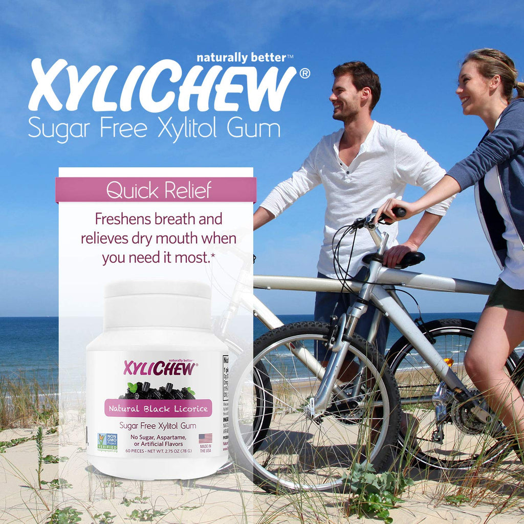 Xylichew 100% Xylitol Chewing Gum - Non GMO, Non Aspartame, Gluten Free, and Sugar Free Gum - Natural Oral Care, Relieves Bad Breath and Dry Mouth - Licorice, 60 Count