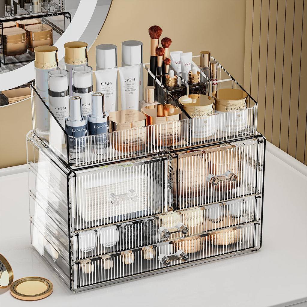 ZHIAI Stackable Storage Drawers, Acrylic Bathroom Counter Organizer Clear Makeup Organizers for Vanity, Kitchen Cabinets, Bathroom, Undersink, Home Organization and Storage (1 Top 4 Drawers D)