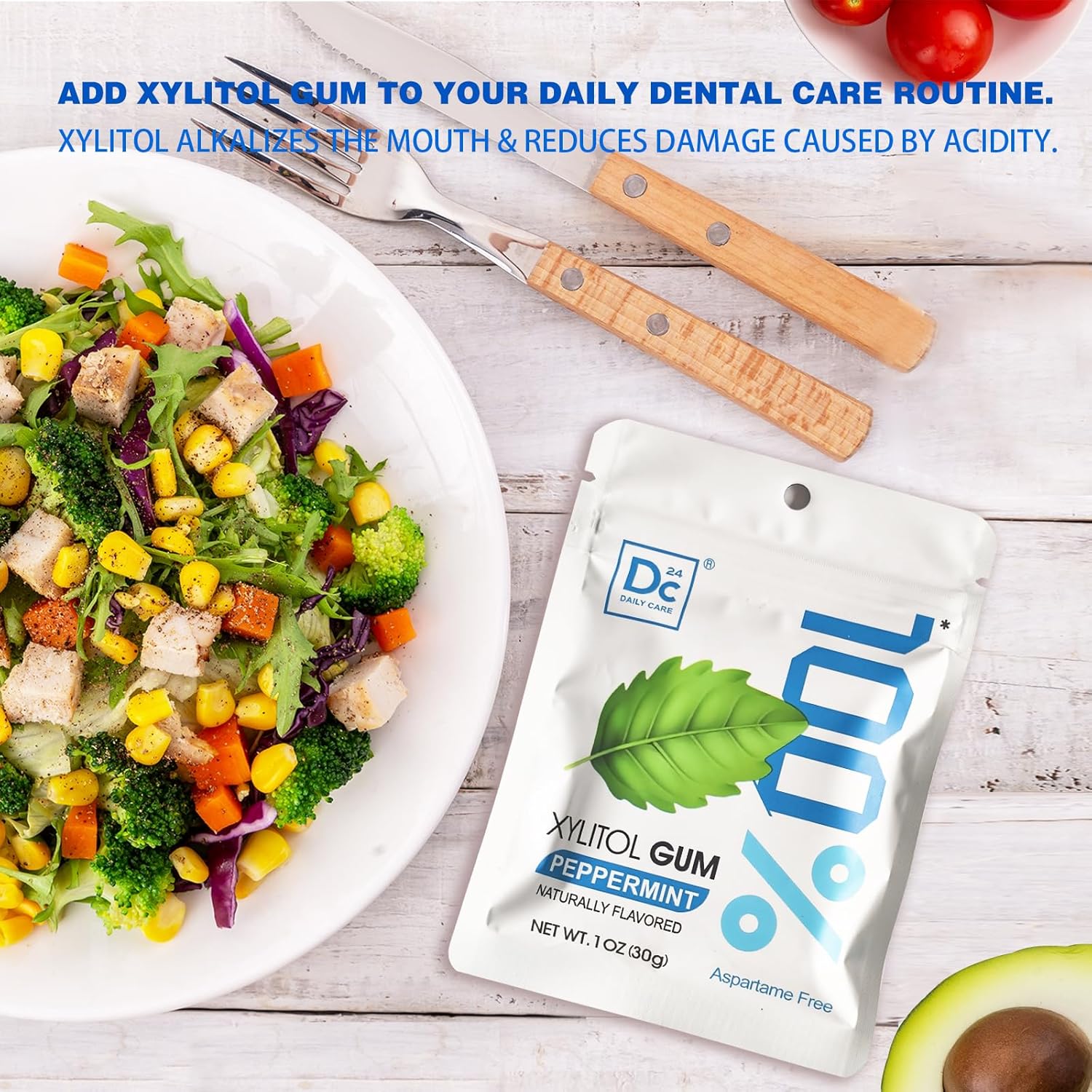 DC24 DAILY CARE 100% Xylitol Gum, Aspartame Free, Sugar Free Peppermint Chewing Gum, Natural Flavors, Gluten Free, Vegan, 20 Pieces, Pack of 5