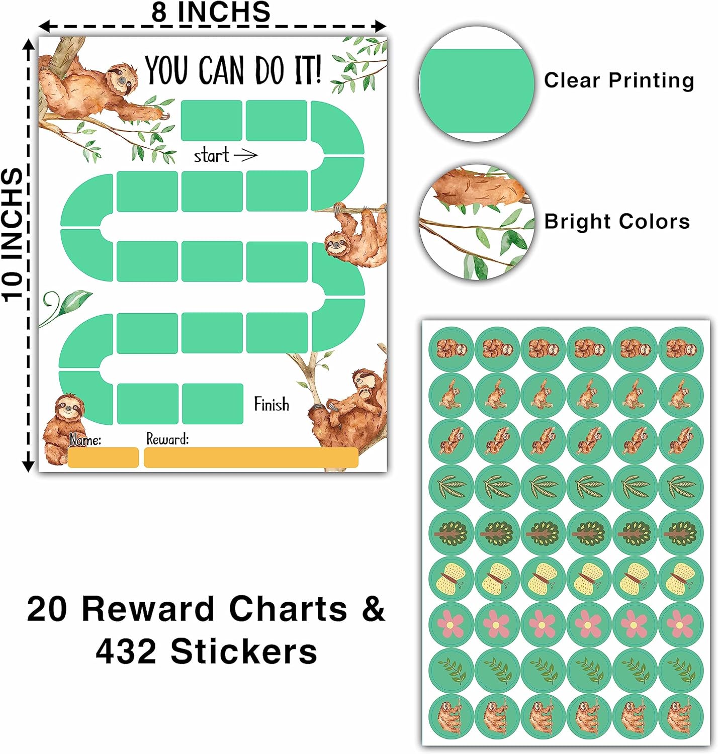 20 Sloth Reward Chart with 432 Round Stickers, Incentive Behavior Chart for Kids at Home Classroom, Kids Routine Daily Chore Sticker Chart-B04