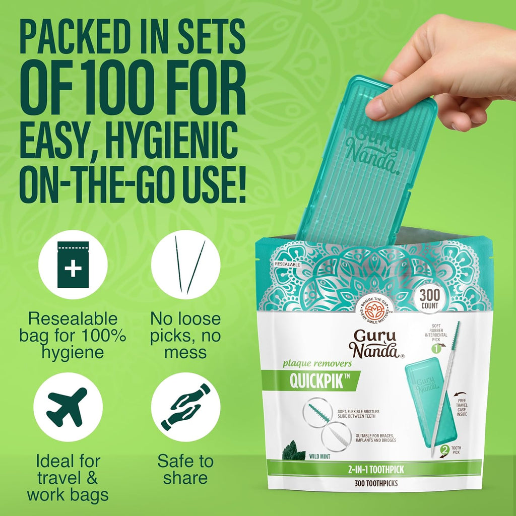 GuruNanda 2-in-1 QuickPik Toothpick & Interdental Pick – Soft Rubber Bristles for Plaque Removal & Improved Oral Care, Comes with a Travel Case for On-The-Go Use, 300 Ct