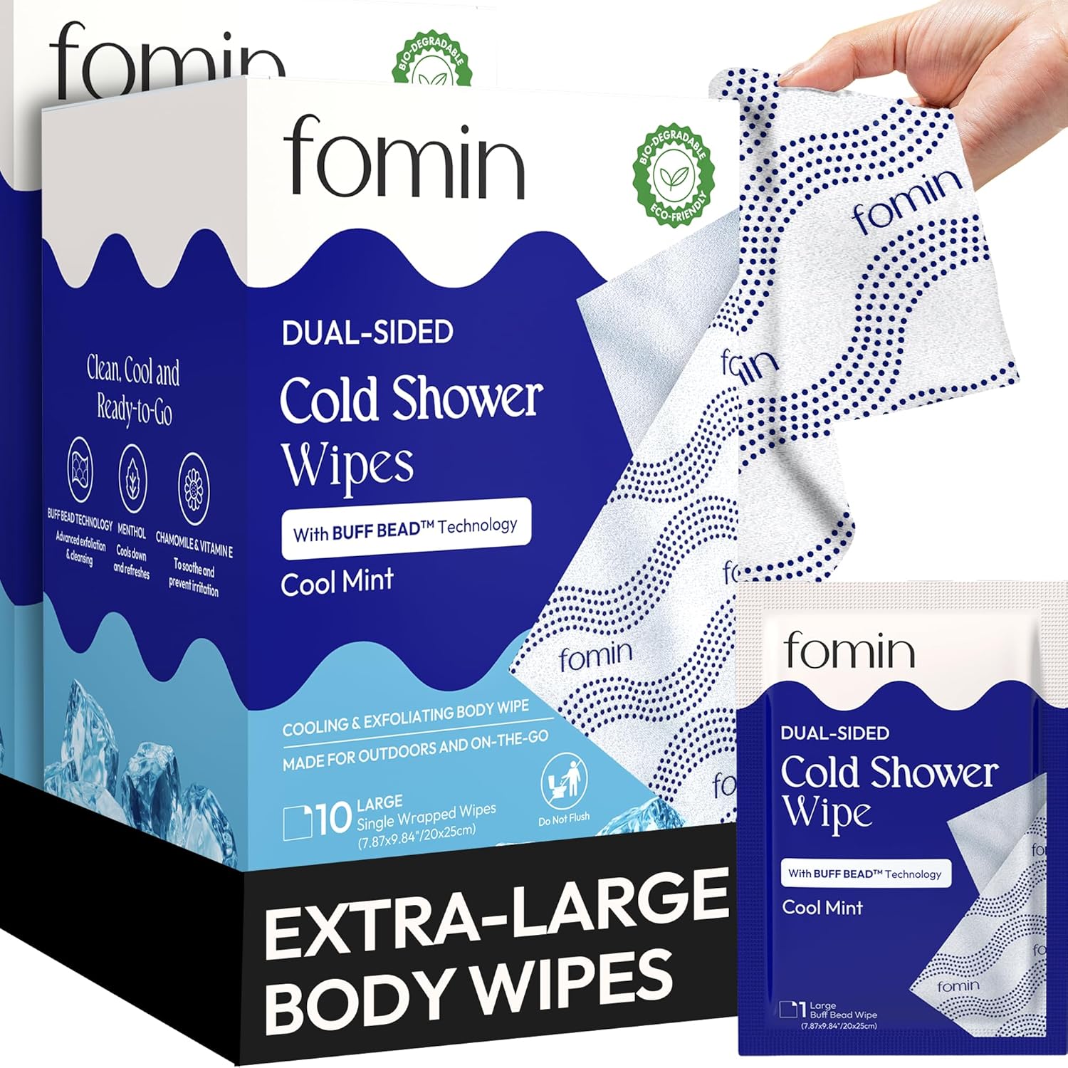 FOMIN Travel Cold Shower Wipes - 10 Pack - No Rinse XL Bathing Wipes with Vitamin E - Fragrance-Free Full Body Wipe for Adults - Individually Wrapped Waterless Bath Wipe for Hygiene, Camping, & Gym
