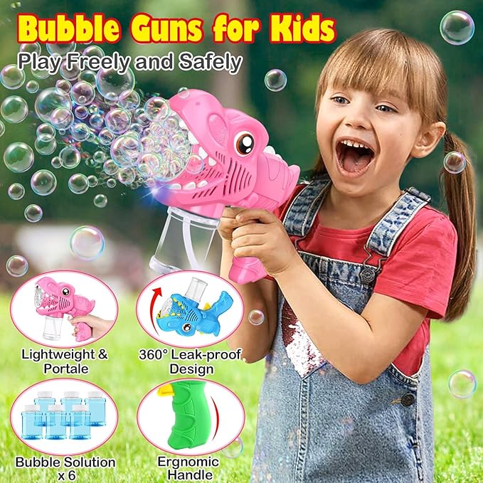 3 Pack Bubble Mahine Gun - Dinosaur Bubbles Blower with LED Light Outdoor Toys for Ages 4-6 Boys Girls Gift for 3 4 5 6 7 8 Year Old Kids Easter Basket Stuffers Valentine Birthday (Green+Blue+Pink)