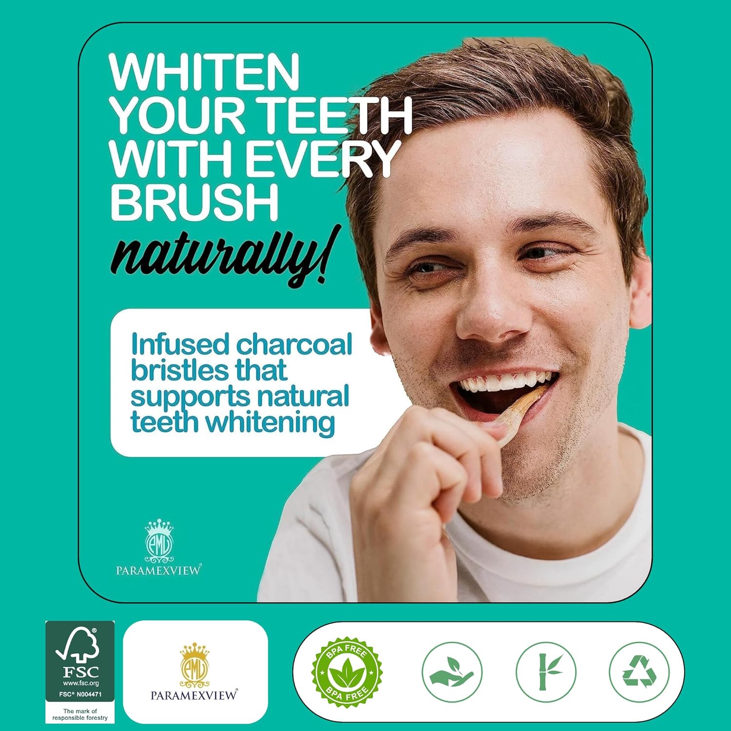 Paramexview® Natural Bamboo Toothbrushes Set of 4 | BPA-Free Medium Bristles, Eco-Friendly | Biodegradable Handle, Charcoal Infused and Organic Base