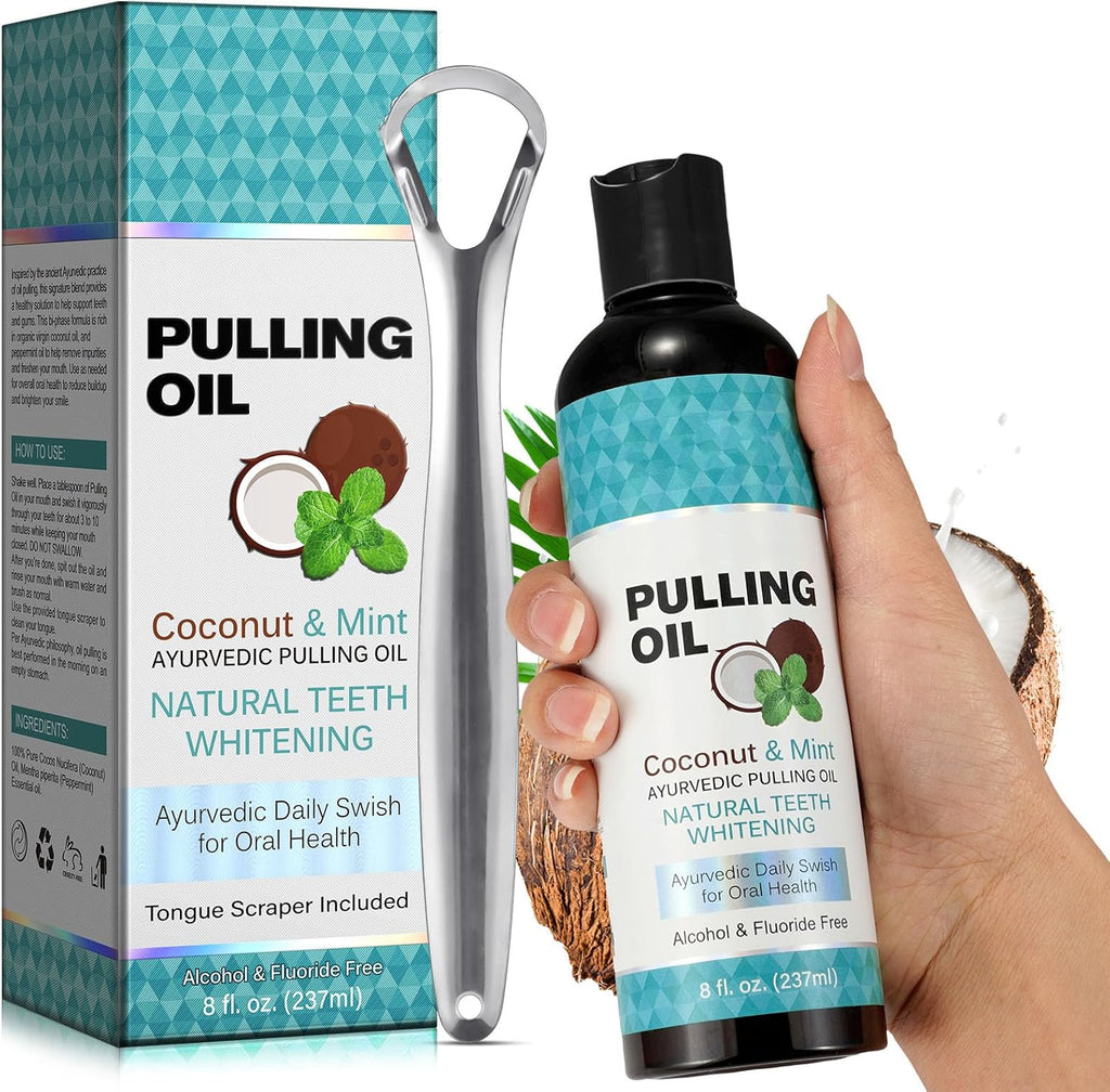 Coconut Oil Pulling with Peppermint Oil-Mouthwash for Oral Care-Helps with Fresh Breath, Organic Essential Oils Mouthwash with Tongue Scraper,Treatment for Gums-237ML