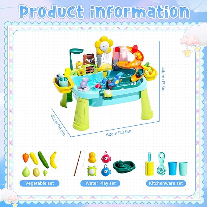 2026 Upgraded Toddler Sand Water Table Toy with Electric Water Pump, Kids Sand Water with Faucet/Play Food Accessories/Fishing Toy, Kitchen Play Sink Toys for Girl Boy Age 3+