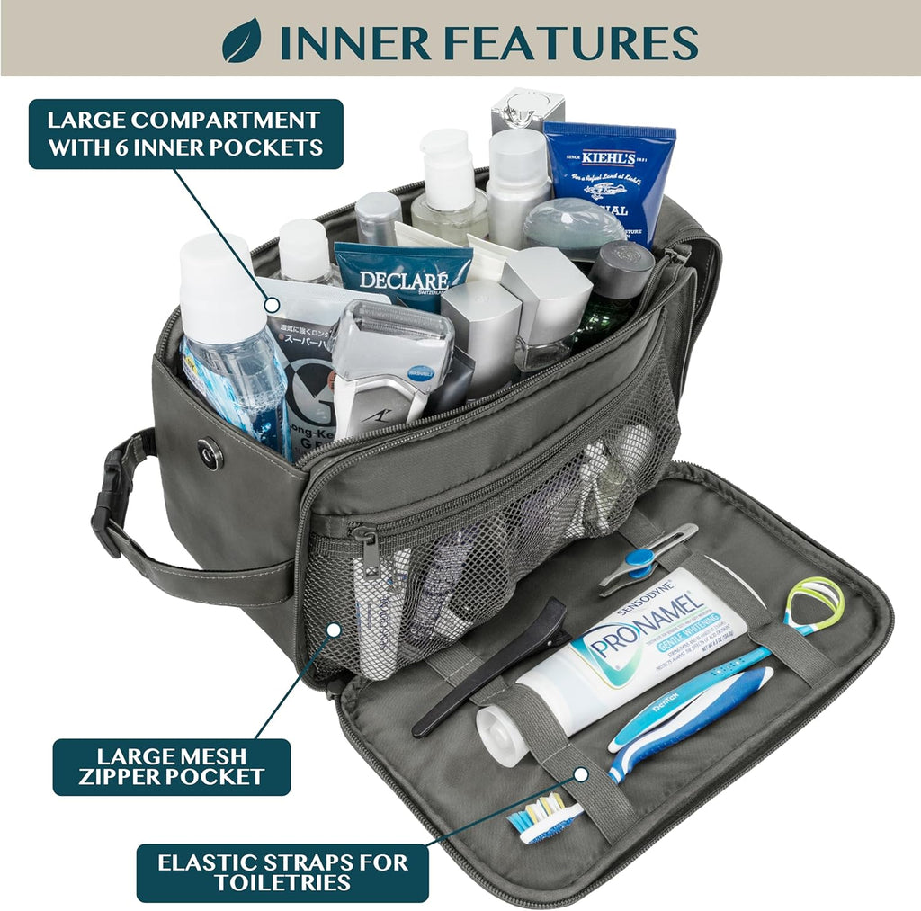 PAVILIA Toiletry Bag for Men, Travel Essentials Shaving Dopp Kit, Mens Travel Bag Toiletries Organizer Case for Grooming, PU Leather Water Resistant Cosmetic Bag Pouch (XL, Dark Grey)