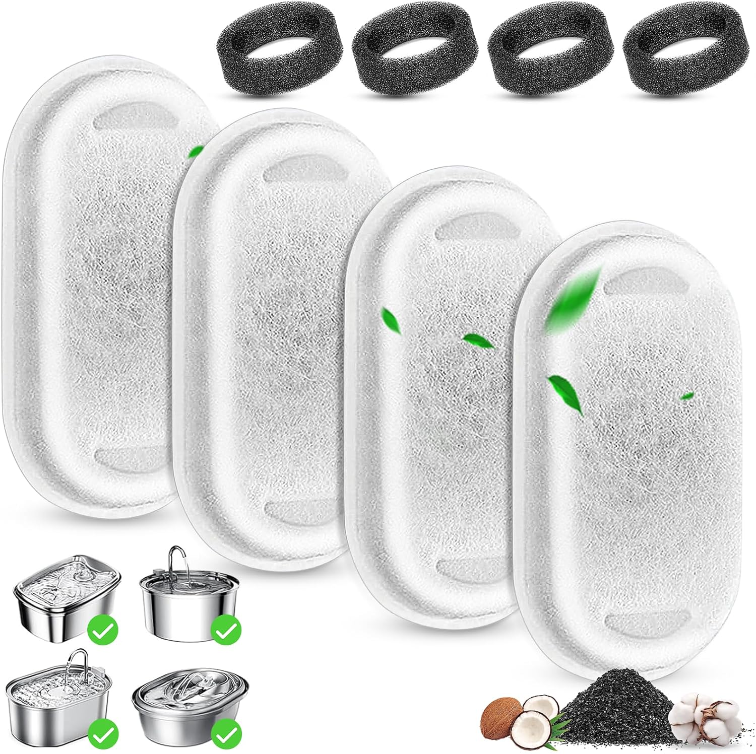 Cat Water Fountain Filter, 4 Pcs Cat Filters Replacement Pet Water Fountain Filters with 4 Pcs Sponges Foam for 67oz/2L & 108oz/3.2L Stainless Steel Automatic Cat Water Fountain Dispenser Filters