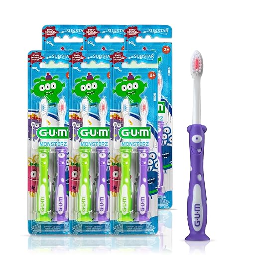 GUM Monsterz Children and Toddler Toothbrush, Soft Bristled Kids’ Toothbrush with Suction Cup, for Ages 2+, 2 Count(Pack of 6)