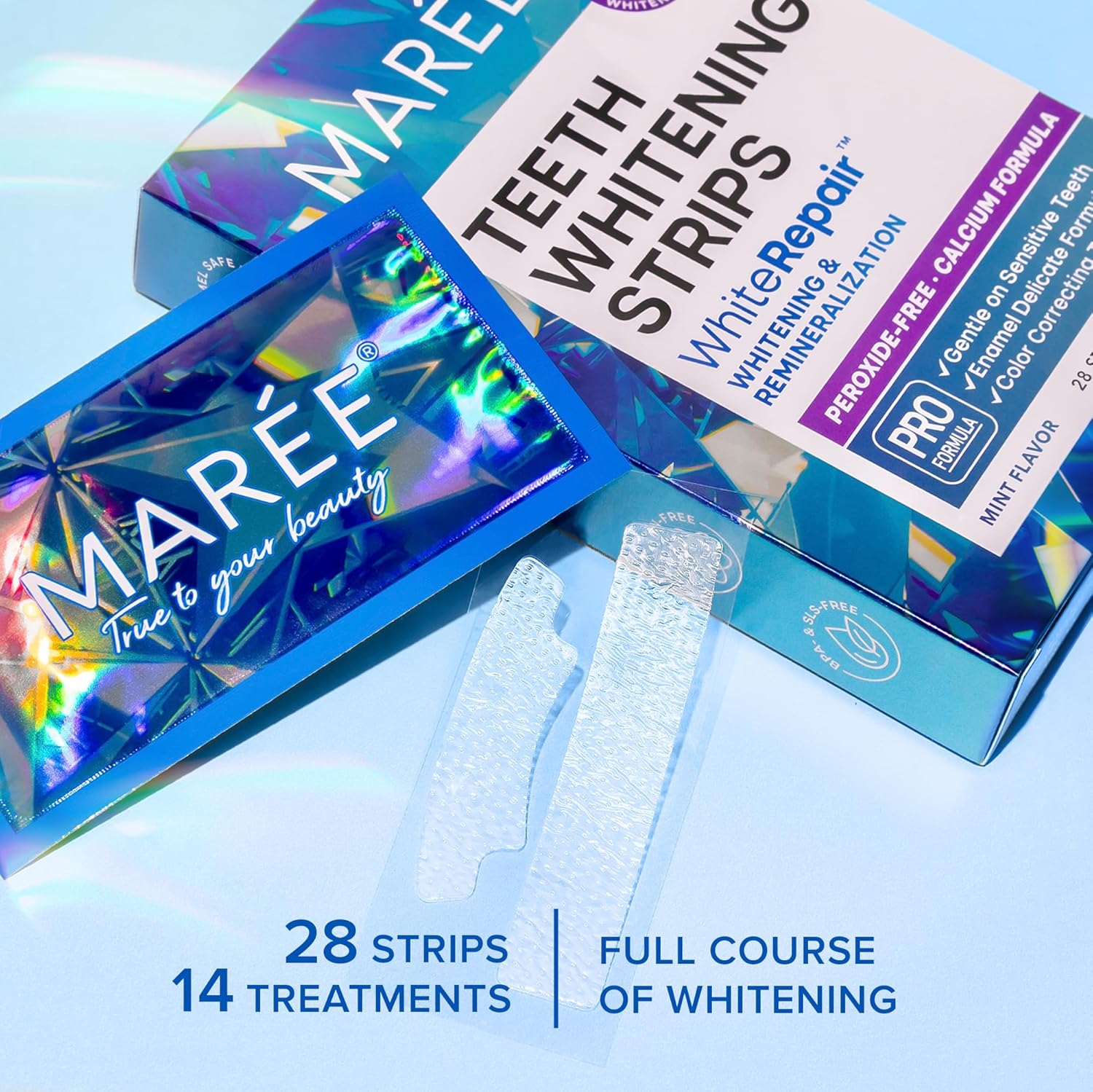 MAREE Teeth Whitening Strips with Mint Flavor - Comfortable for Sensitive Teeth - Calcium Formula for Gentle Dental Care & Fresh Breath - Pack of 28