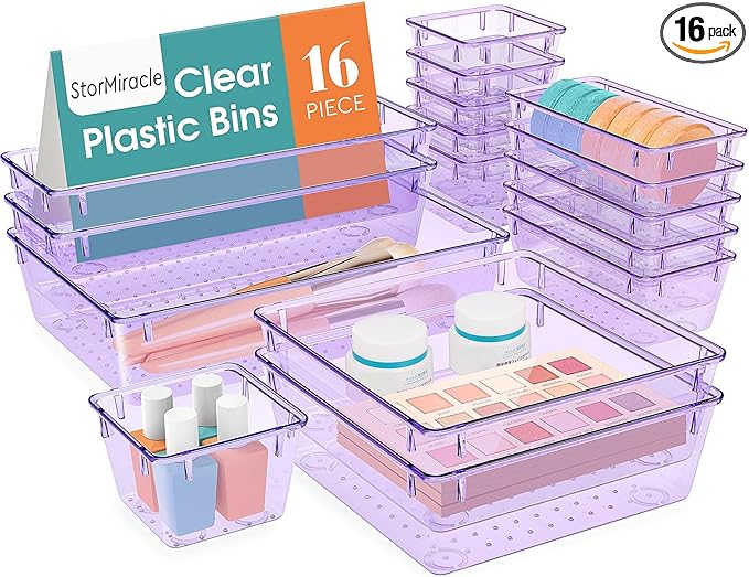 16 PCS Drawer Organizer Set, 5 Varied Size Bathroom and kitchen Drawer cabinet organizer Trays, Clear Storage Bins for Makeup, Jewelry, Utensils and Gadgets, Purple