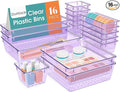16 PCS Drawer Organizer Set, 5 Varied Size Bathroom and kitchen Drawer cabinet organizer Trays, Clear Storage Bins for Makeup, Jewelry, Utensils and Gadgets, Purple