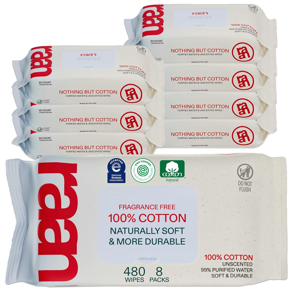 Raan, 100% Cotton Baby & Toddler Wipes, Unbleached, 99% Purified Water, Unscented, EWG verified, Made for Sensitive Skin, Extra Soft and Durable, 8 pack, 480 Count