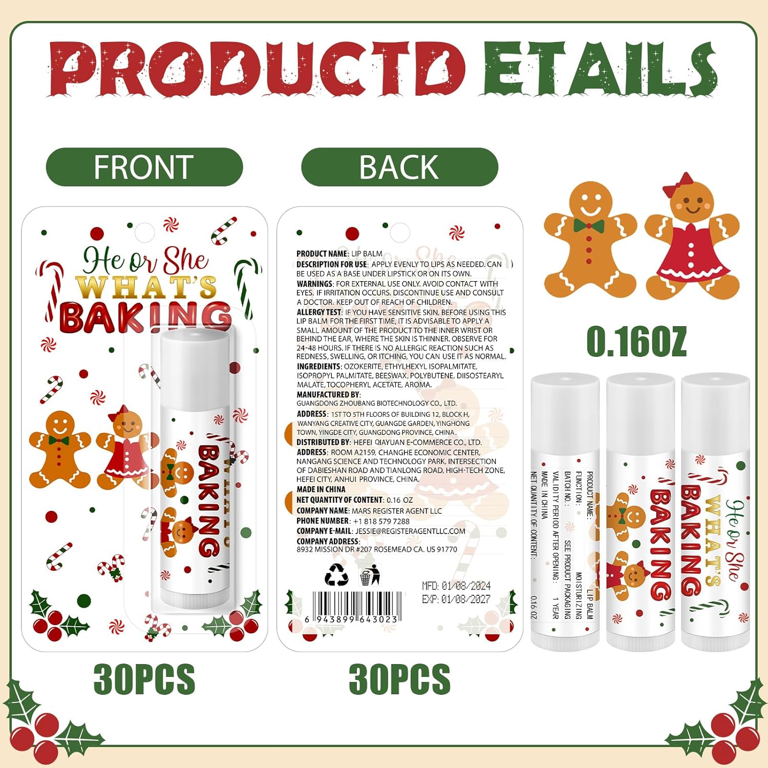 30 Pack Christmas Gingerbread Baking Baby Shower Games Prizes Gifts Bulk Lip Balms Favors for Winners Adults Guests Gender Reveal Favors Decorations Baby Shower Souvenirs Gift Bags Stuffers