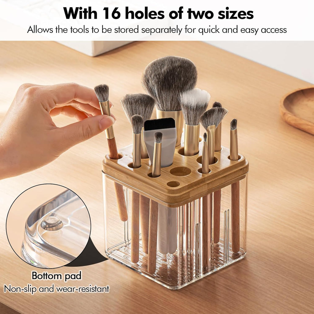 Poeland Makeup Brush Holder, Cosmetic Brush Organizer with 16 Holes and Lid, Makeup Holder for Makeup Brush