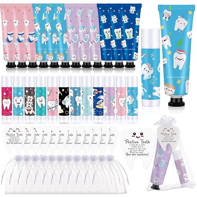 Loopeer 24 Sets Dental Hygiene Gifts Christmas Dental Hygienist Appreciation Gifts Moisturizing Lip Balm Hand Cream Dentist Thank You Gift with Cards Organza Bags for Nurse Week Graduation Birthday