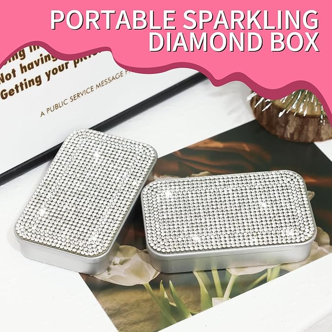 2Pcs Bling Dental Floss Holder,Portable & Refillable Floss Pick Holders, Metal Tin Box Case for Q-tip,Cotton Swab(Silver)