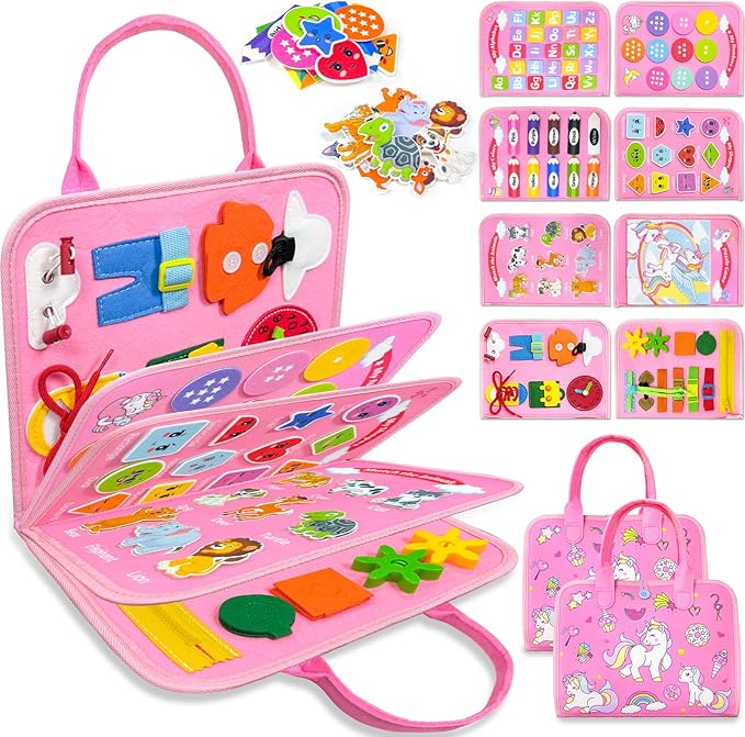 Busy Board Montessori Toys for Toddler Girl Birthday Gifts, Busy Book Sensory Learning Toys for Toddlers, Educational Activities Airplane Car Travel Toy for Girls