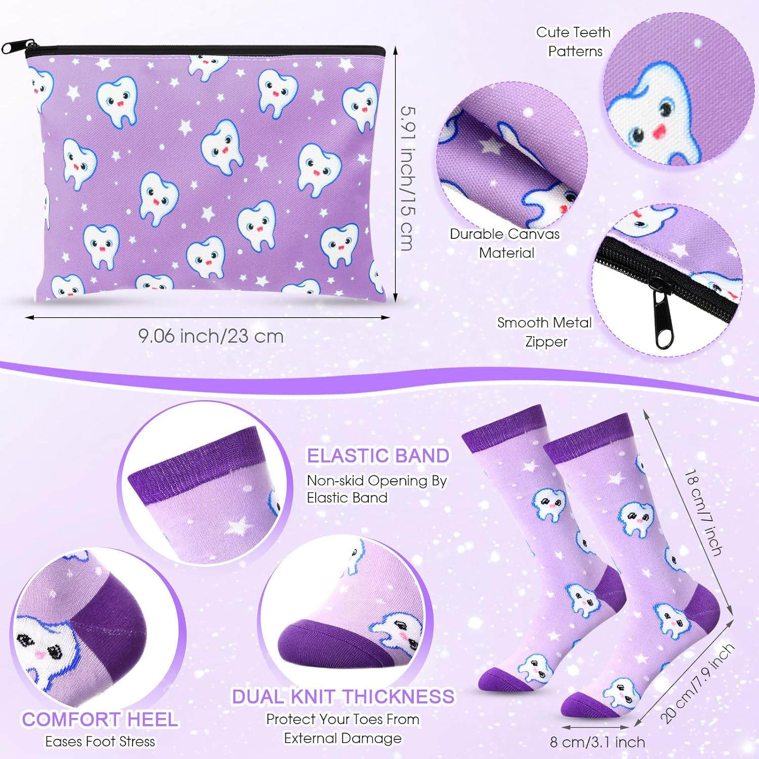 Sliner 4 Pcs Dental Assistant Gifts Set 12 oz Purple Teeth Stainless Steel Tumbler Cosmetic Bag Tooth Shape Keychain Novelty Tooth Sock Dental Hygienist Gifts for Nurse Dentist Christmas Graduation