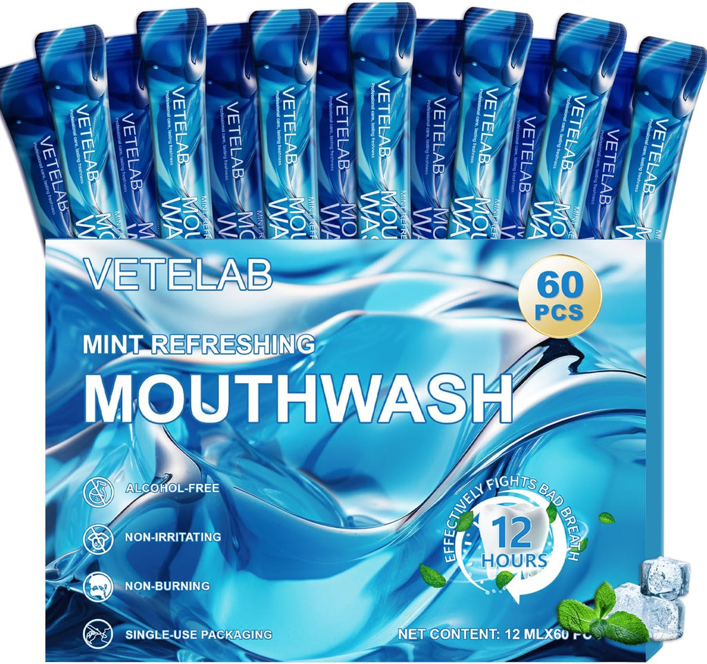 Portable Travel Size Mouthwash Packets - TSA-Approved Mini Mint Mouthwash for Adults, Alcohol & Fluoride-Free Oral Care for Air Travel, Dates & Office, 60 Individually Wrapped 0.4oz Packs