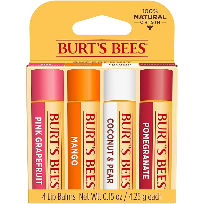 Burt's Bees Lip Balm - Pink Grapefruit, Mango, Coconut & Pear, and Pomegranate Pack, Lip Moisturizer With Beeswax, Tint-Free, Natural Origin Conditioning Treatment, 4 Tubes, 0.15 oz.