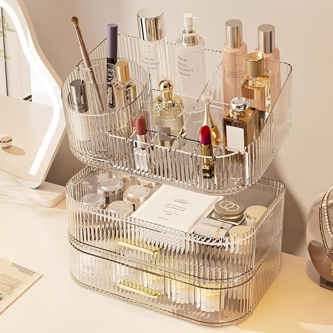 Makeup Organizer with Drawers and 360° Rotating Brush Holder, Large Capacity Cosmetic Storage for Vanity, Skincare, Perfume, Hair Accessories, Lipstick & Jewelry (Clear, 3-layer)