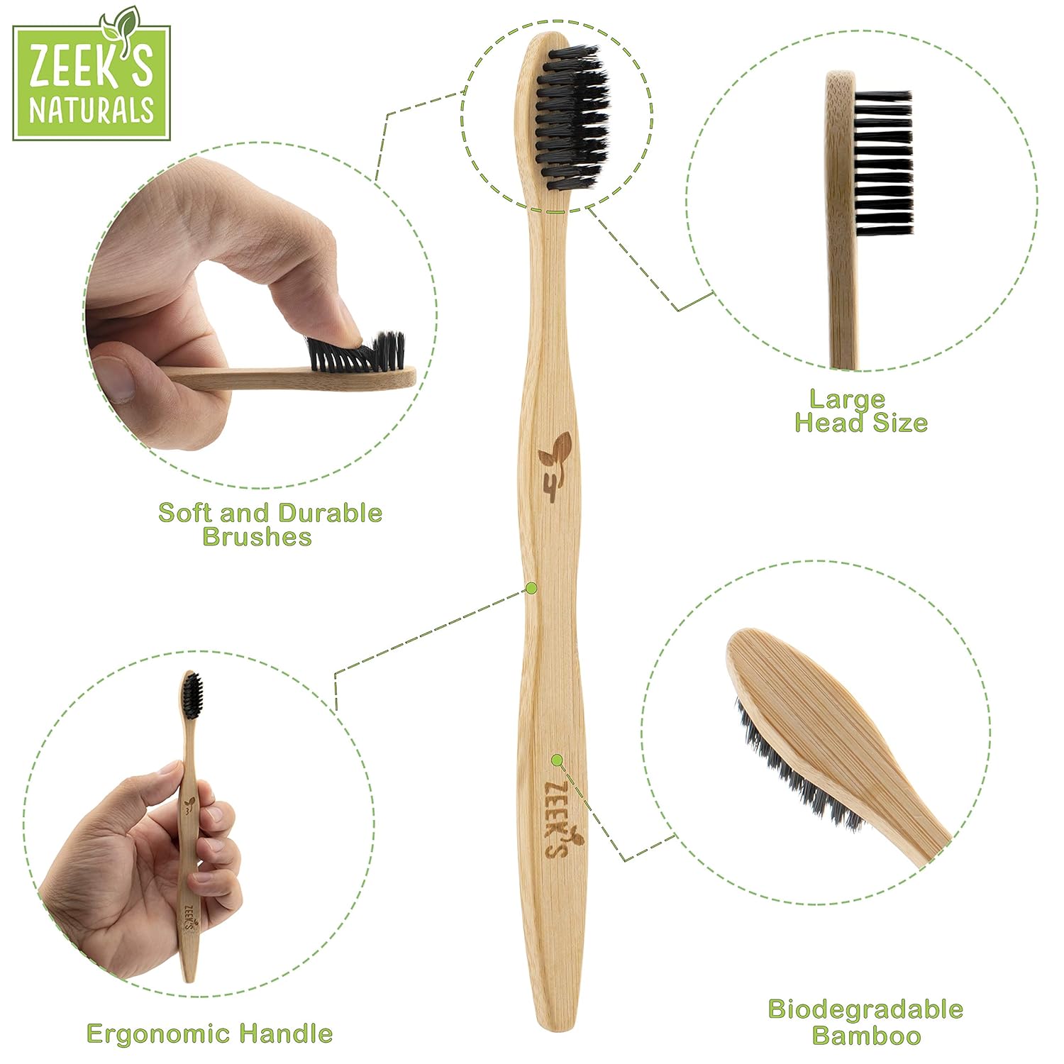 Biodegradable Eco-Friendly Natural Bamboo Charcoal Toothbrushes - Pack of 4 - Numbered - Charcoal Infused Bristles
