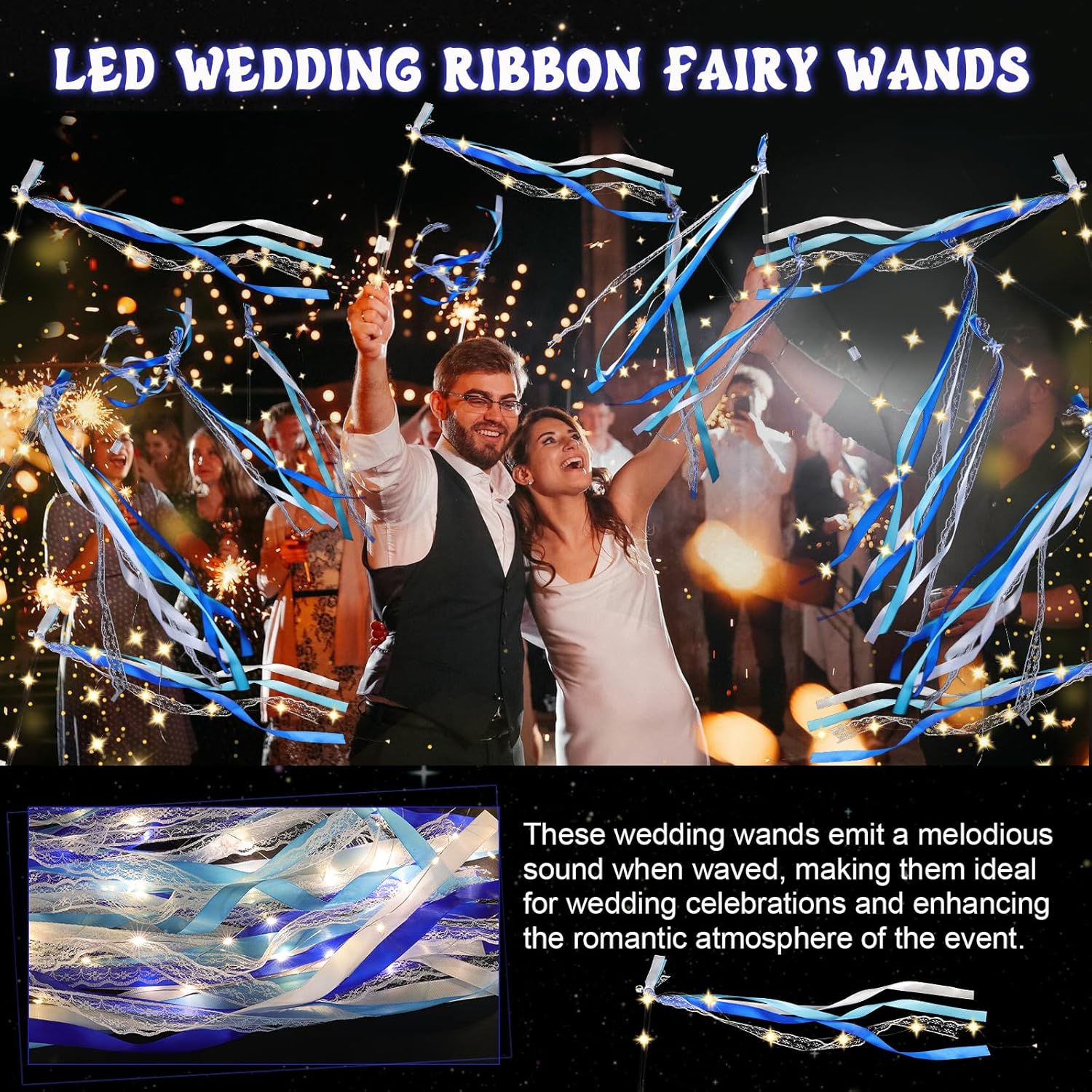 100 Pcs Wedding Wands Ribbon with 3 Colorful Flashing Modes, Light up LED Silk Fairy Wands, Glow Lace Stick with Bells for Wedding Reception, Graduation, New Year, Birthday Party (Blue)