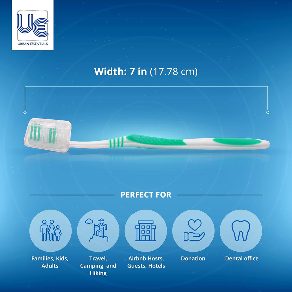 Urban Essentials Bulk Toothbrush Package with Covers | Premium Quality Individually Wrapped Colorful Tooth Brushes | Medium Soft Toothbrush Hygienic Cap for Donations, Travel, Hotels (100 Pack)