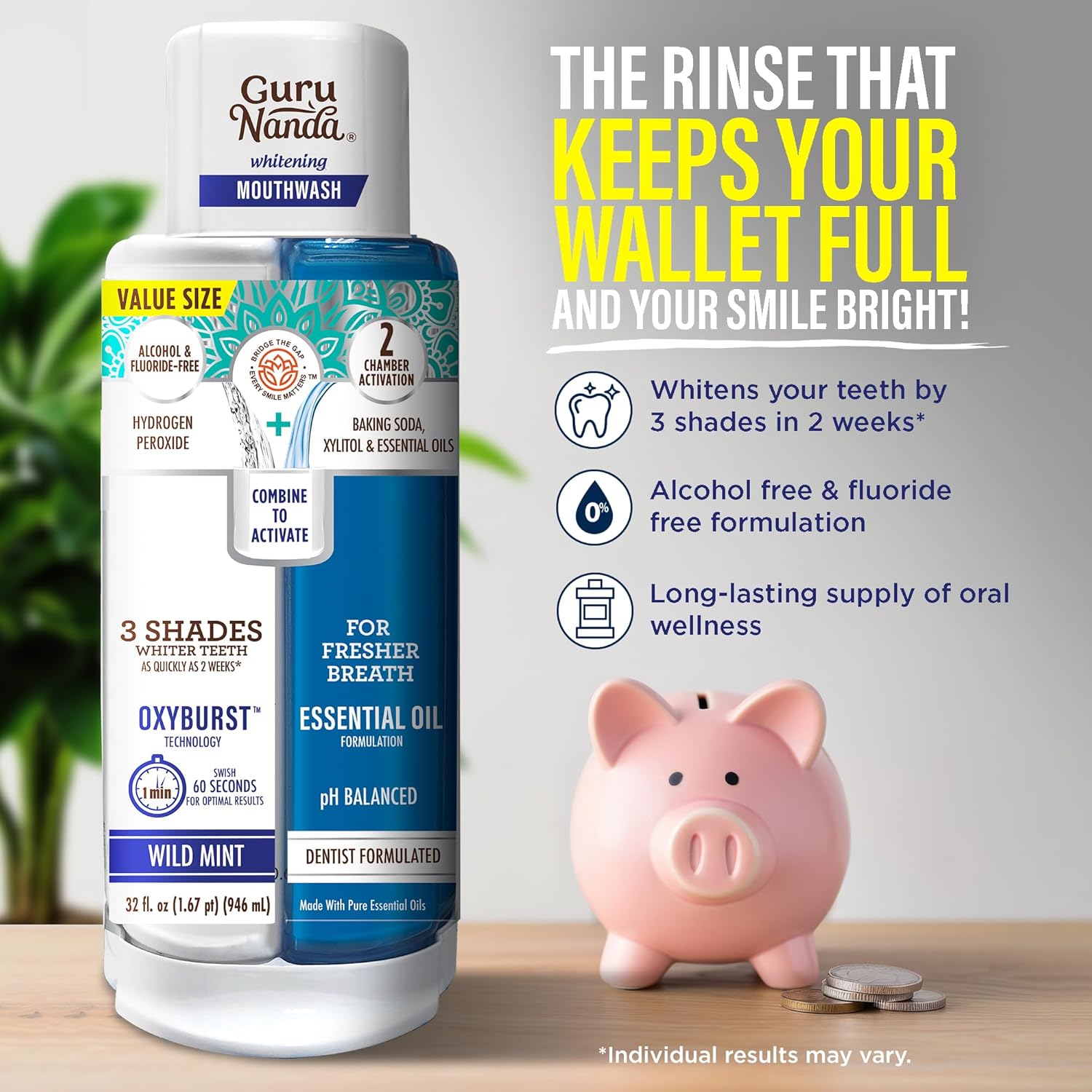 GuruNanda Teeth Whitening Dual Barrel Oxyburst Mouthwash - Alcohol & Fluoride Free, Hydrogen Peroxide to Promote Whiter Teeth - Wild Mint - 32 Fl Oz