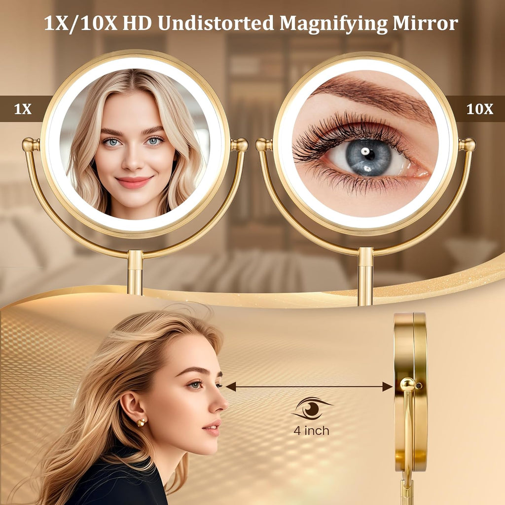 VESAUR 8.5'' Large Gold Lighted Makeup Mirror, 1X/10X Clear Seamless Magnifying Mirror, Bright Vanity Mirror with 3 Colors Dimmable Lights, Two-Sided 360°Rotation Stable Base, Luxury Nickel, Gift Box