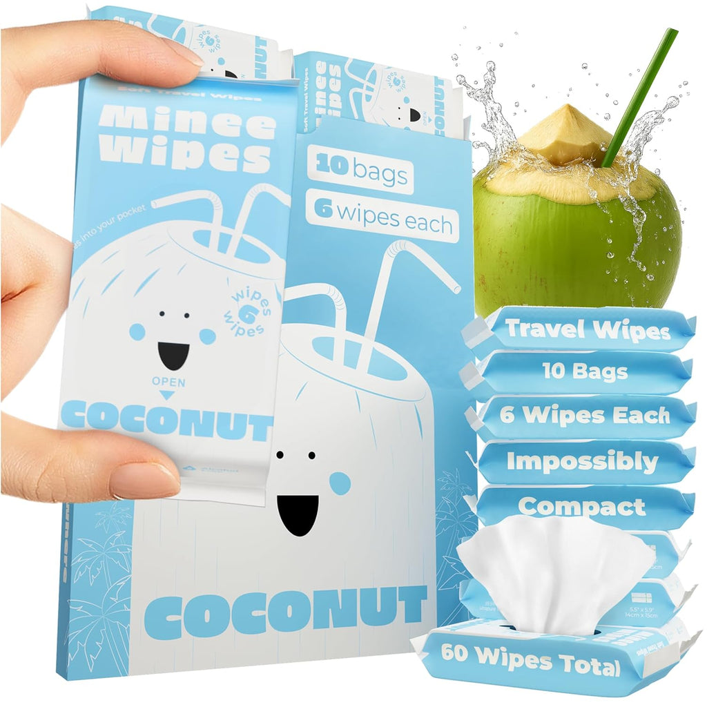 Impossibly Compact Travel Wipes - 99.5% Water - Safe for Sensitive Skin & Hypoallergenic, Resealable, Thick & Durable - For Adults, Kids & Baby Care - Coconut, 10 Pack Total 60 Wipes