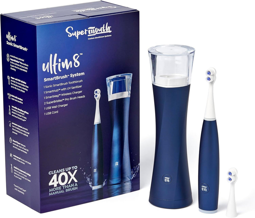 SuperMouth® ULTIM8 SmartBrush™ System -Electric Toothbrush, Patented SuperBristles® Clean 40X Better, UV Sanitizing & Drying SmartHub®, Dual Sonic Modes, Pressure Sensor -Teens & Adults-Sapphire Blue