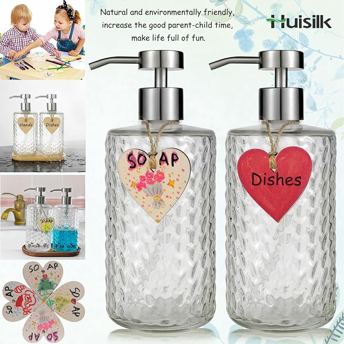 Glass Soap Dispenser Set with Bamboo Tray - 2 Pack 16 Oz Arrow Embossed Refillable Bottles with Silver Rustproof Stainless Steel Pump for Hand Dish in Farmhouse Modern Bathroom Kitchen (Clear)