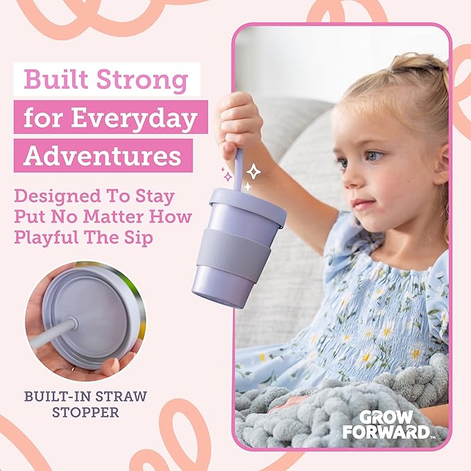 Grow Forward Bamboo Kids Cups with Lids and Straws - 10oz Drinking Cups for Kids with Childproof Twist Lids & Silicone Straws - Eco Friendly, BPA Free, Non Toxic & Dishwasher Safe - Floral