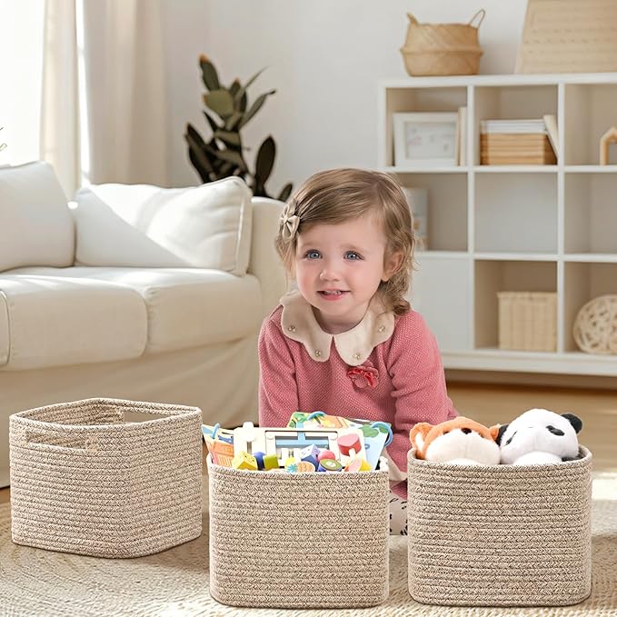 3 Pack Cube Storage Bin, 9”x9”x7” Cotton Rope Woven Baskets for Organizing Toys Clothes Towels, Square Gift Storage Baskets for Shelf, Nursery, Closet, Bathroom, Pantry (Jute)