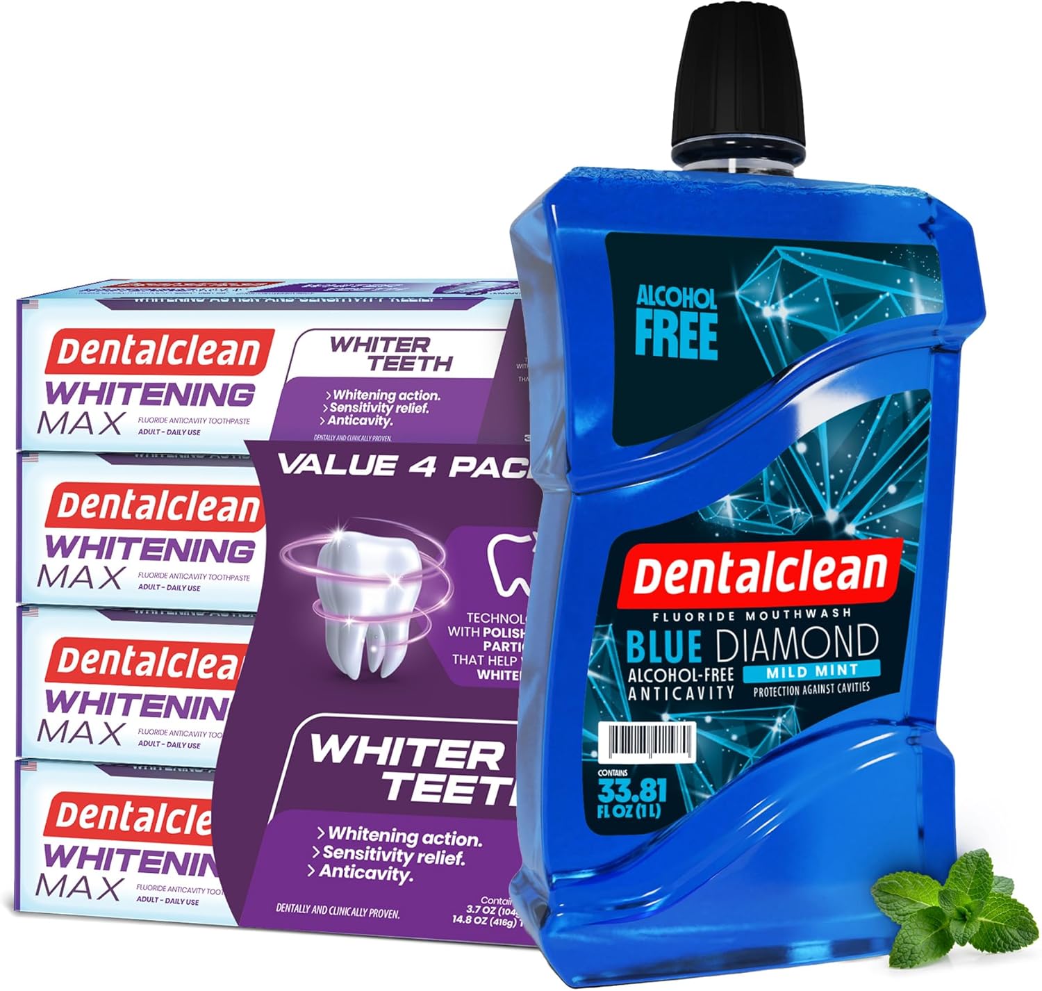 Alcohol-Free Mouthwash 33.8 Fl Oz (Blue Diamond Mint) + Pack of 4 Whitening Max Toothpaste Gel – Stain Removal, Restores Natural Teeth Color, Sensitive Teeth Protection – Mint Flavor – 3.7