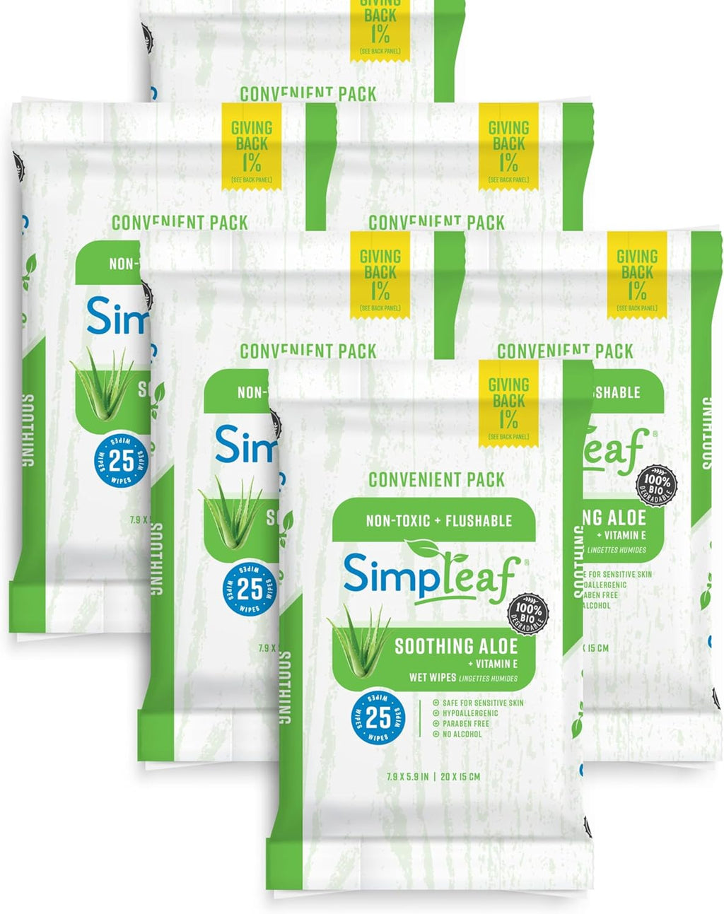 Simpleaf Flushable Wet Wipes Aloe Vera| Eco-Friendly, Paraben & Alcohol Free | Hypoallergenic & Safe for Sensitive Skin | Soothing Aloe Formula | (6 x 25 Counts Convenient Pack) 150 Counts Total